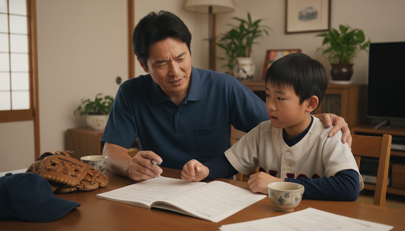 少年野球の費用について家計簿を見ながら相談する親子の様子(生成AIによるイメージ)