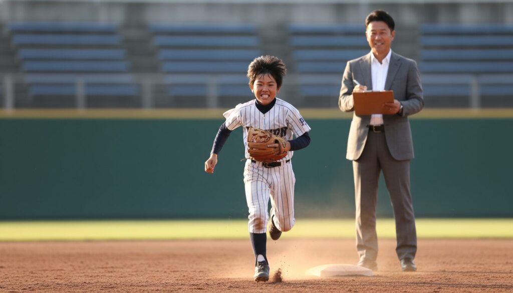 一塁へ向かって全力疾走する少年野球選手と、それを見守るスカウト(生成AIによるイメージ)