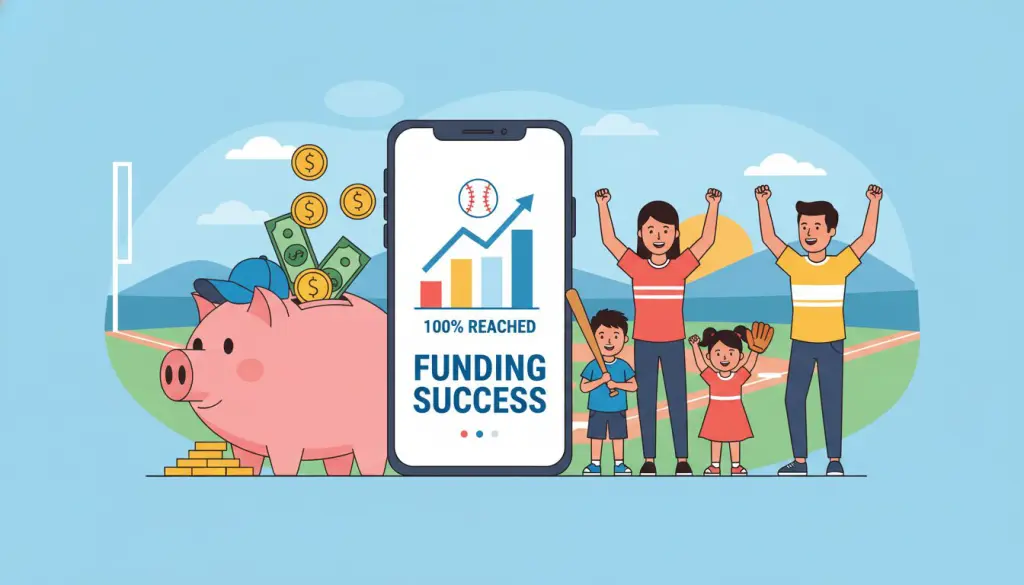 少年野球の遠征費とクラウドファンディングの成功を表現したインフォグラフィック(生成AIによるイメージ)