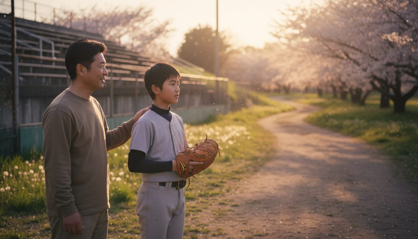 夕暮れのグラウンドで息子の肩に手を置き、温かく見守る父親の後ろ姿(生成AIによるイメージ)