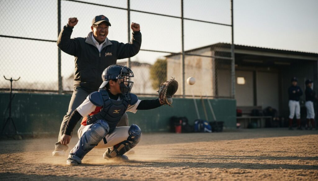 キャッチャー防具をつけて一生懸命にボールを捕る野球少年とフェンス越しに応援する父親(生成AIによるイメージ)