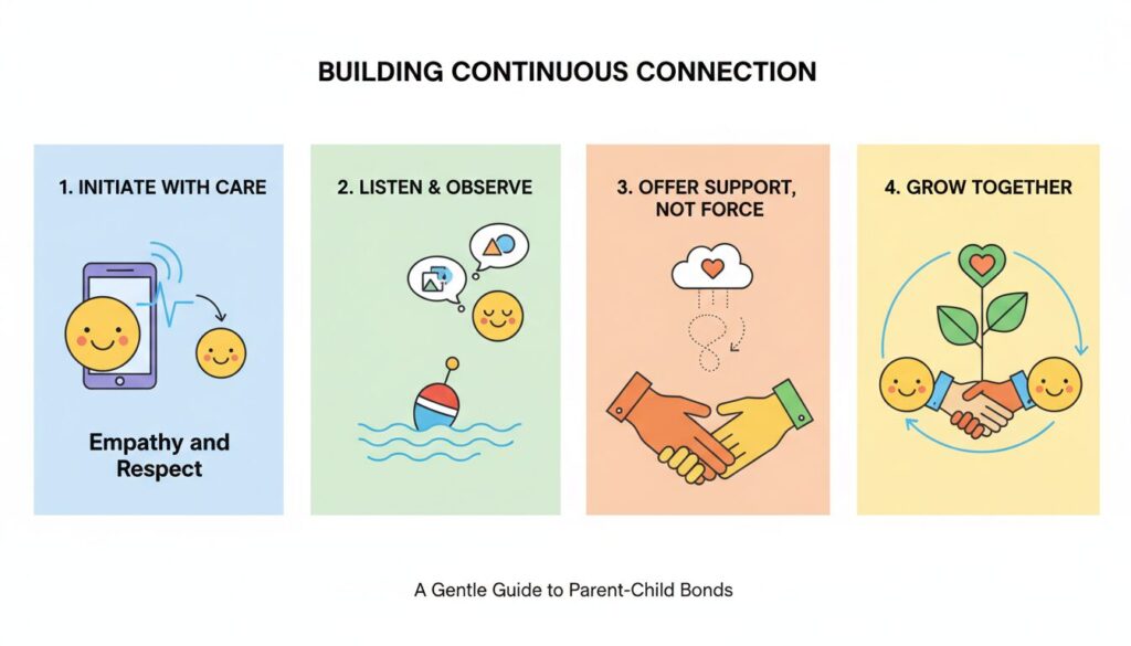 親子関係を継続的に築くためのステップを示すインフォグラフィック(生成AIによるイメージ)