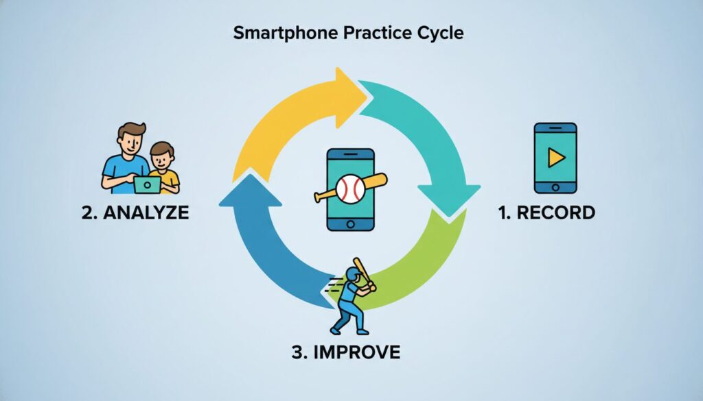 スマホを使った少年野球の撮影・分析・上達のサイクルを示すインフォグラフィック(生成AIによるイメージ)
