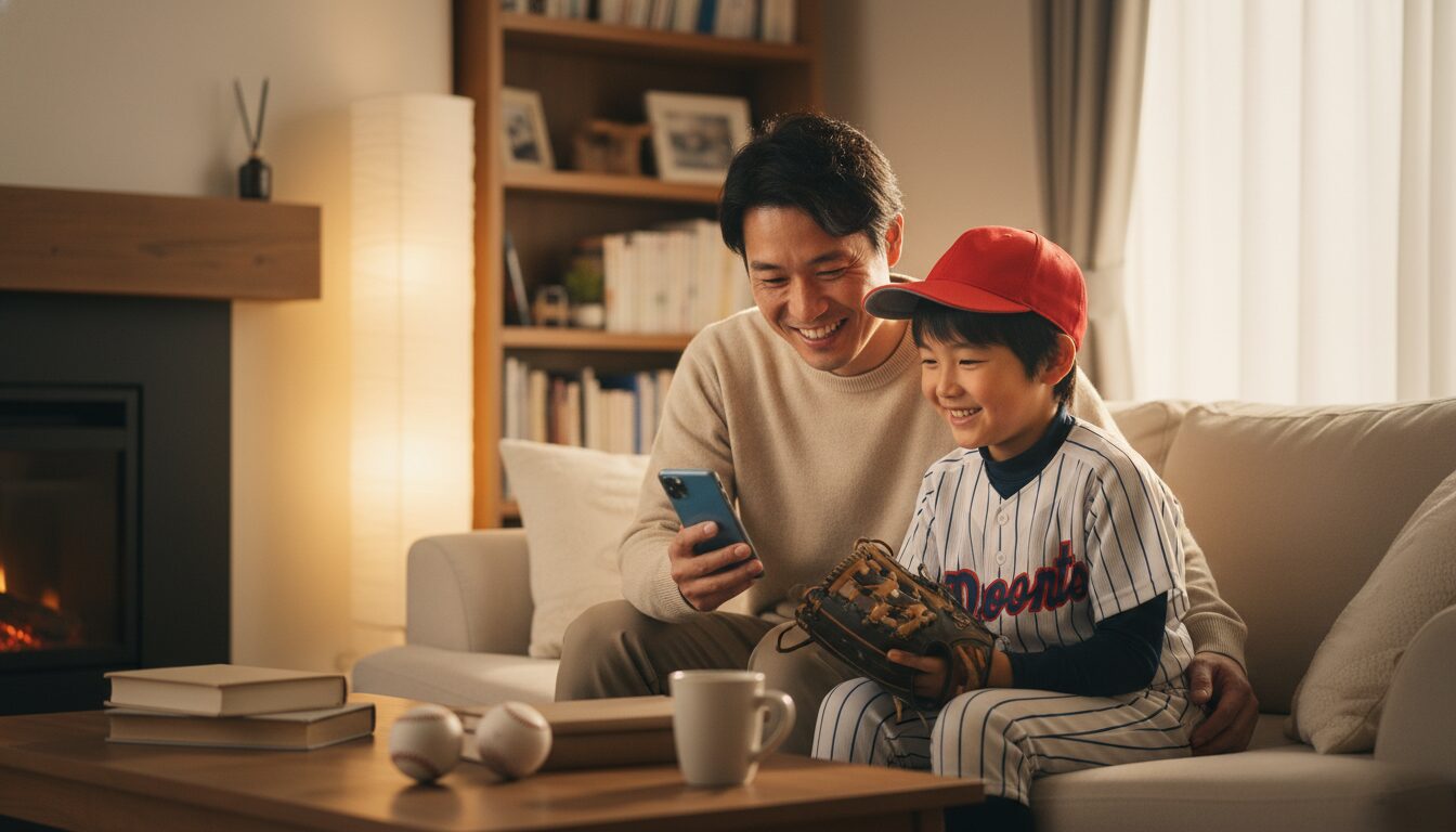 スマホを見ながら笑顔で会話する野球少年と父親(生成AIによるイメージ)