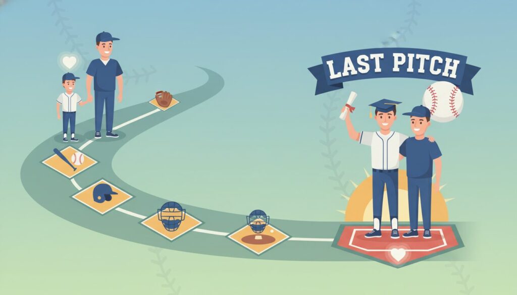 野球ボール、グローブ、卒団証書、ハートのシンボルが描かれた、親子の野球の軌跡を表現するインフォグラフィック(生成AIによるイメージ)