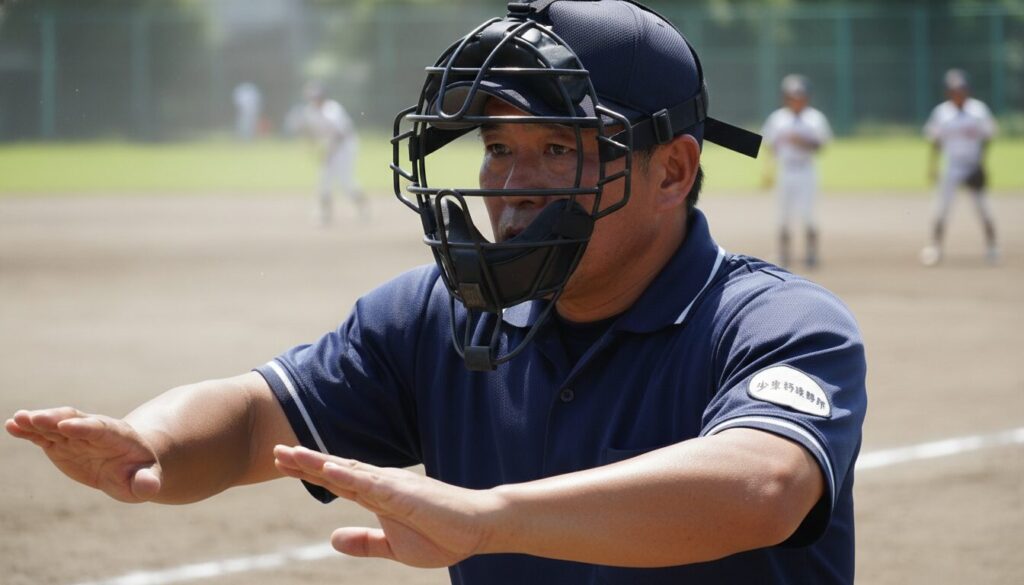 グラウンドで真剣な表情でセーフの判定を下すボランティアの少年野球審判(生成AIによるイメージ)