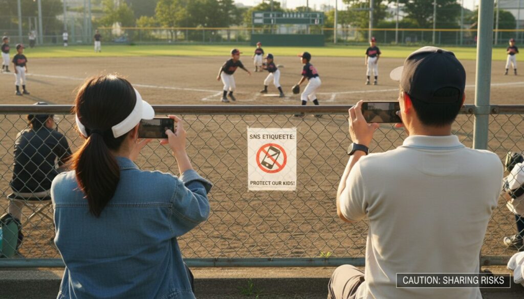 少年野球のグラウンドのフェンス越しにスマホで気軽に写真を撮る両親の姿(生成AIによるイメージ)