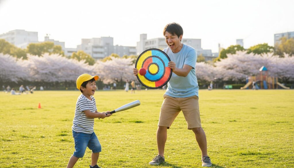 公園でゲーム感覚の的当て野球練習を笑顔で楽しむ親子(生成AIによるイメージ)