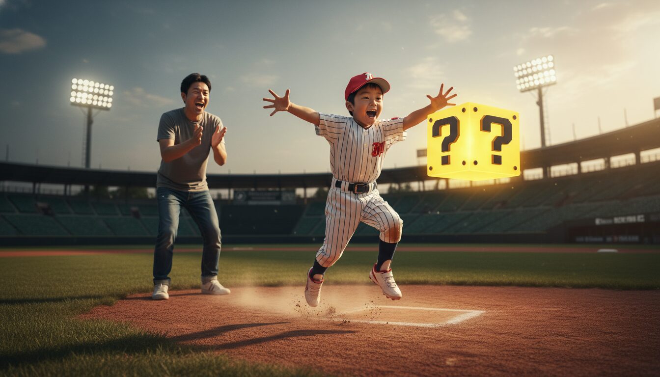 野球場で光るハテナブロックに向かってジャンプする野球少年の姿(生成AIによるイメージ)