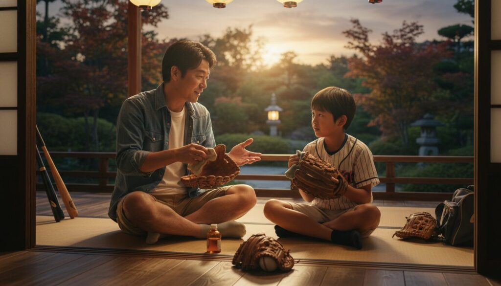 夕暮れ時に縁側で並んで野球のグローブを手入れする父親と息子(生成AIによるイメージ)