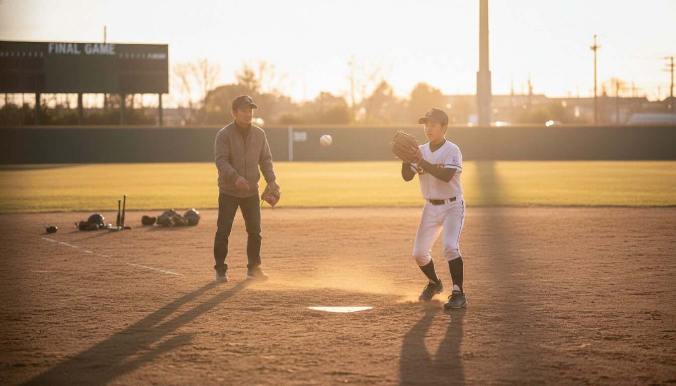 夕暮れの野球グラウンドで向かい合い、キャッチボールをする父親と野球少年の息子(生成AIによるイメージ)