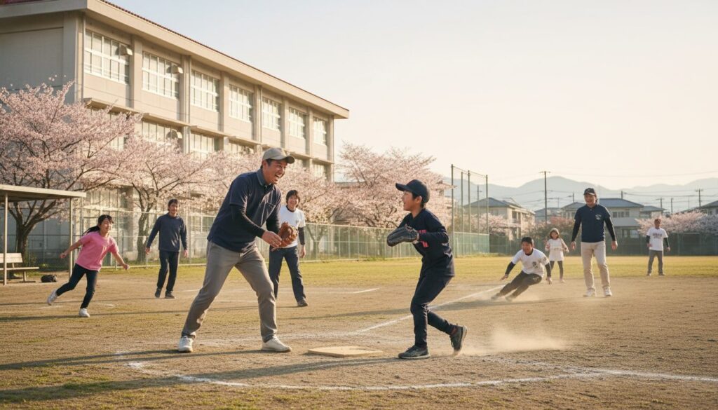 学校のグラウンドに集まり楽しく野球をする地域の人々と親子(生成AIによるイメージ)