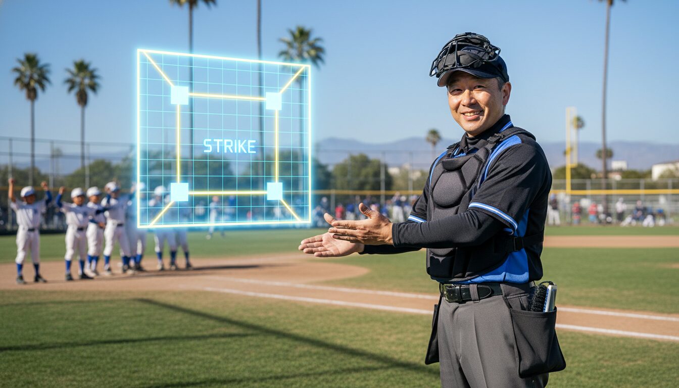 少年野球のグラウンドで笑顔で自信を持って審判をするパパの姿(生成AIによるイメージ)