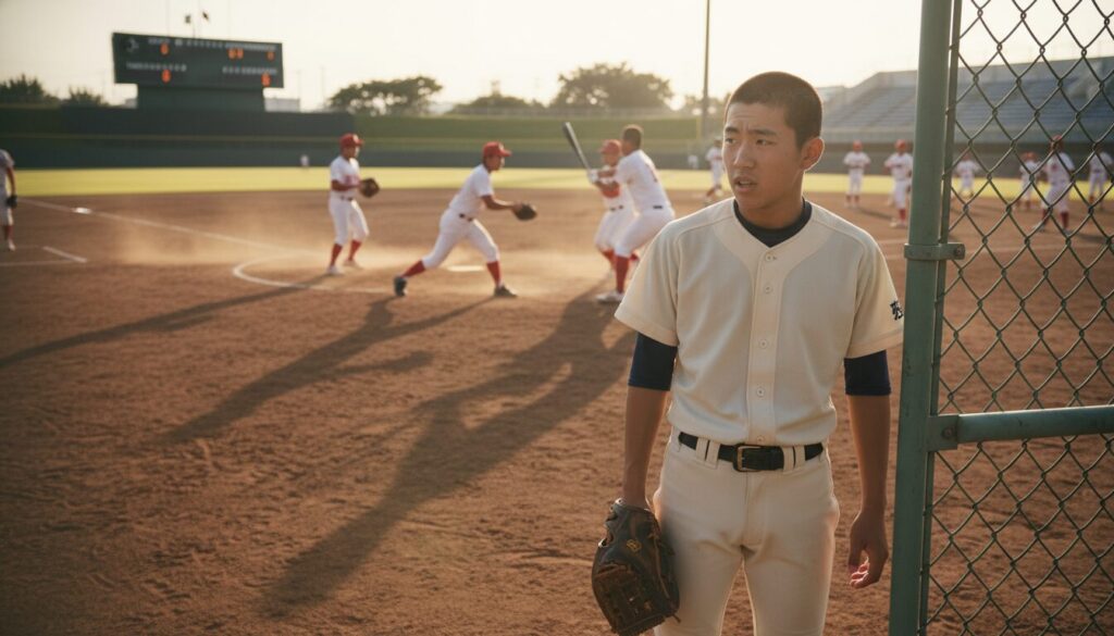 強豪高校の厳しい野球部の練習風景をフェンス越しに見つめる少年(生成AIによるイメージ)