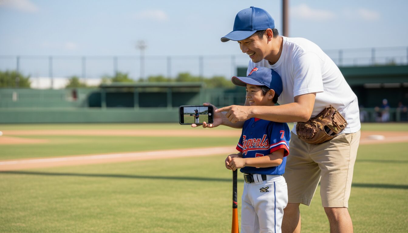 グラウンドでスマホの動画を一緒に見て笑顔で研究する野球少年と父親(生成AIによるイメージ)