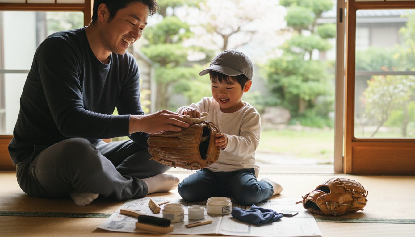 父親と少年が笑顔で使い込まれたグローブを手入れしている様子(生成AIによるイメージ)