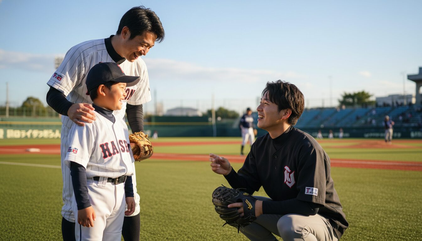 少年野球のグラウンドで新しい若いコーチと笑顔で対話する父親と野球少年の親子(生成AIによるイメージ)