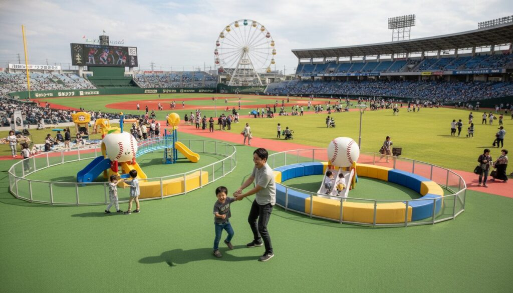 遊園地のようなキッズスペースが充実した球場で遊ぶ親子(生成AIによるイメージ)