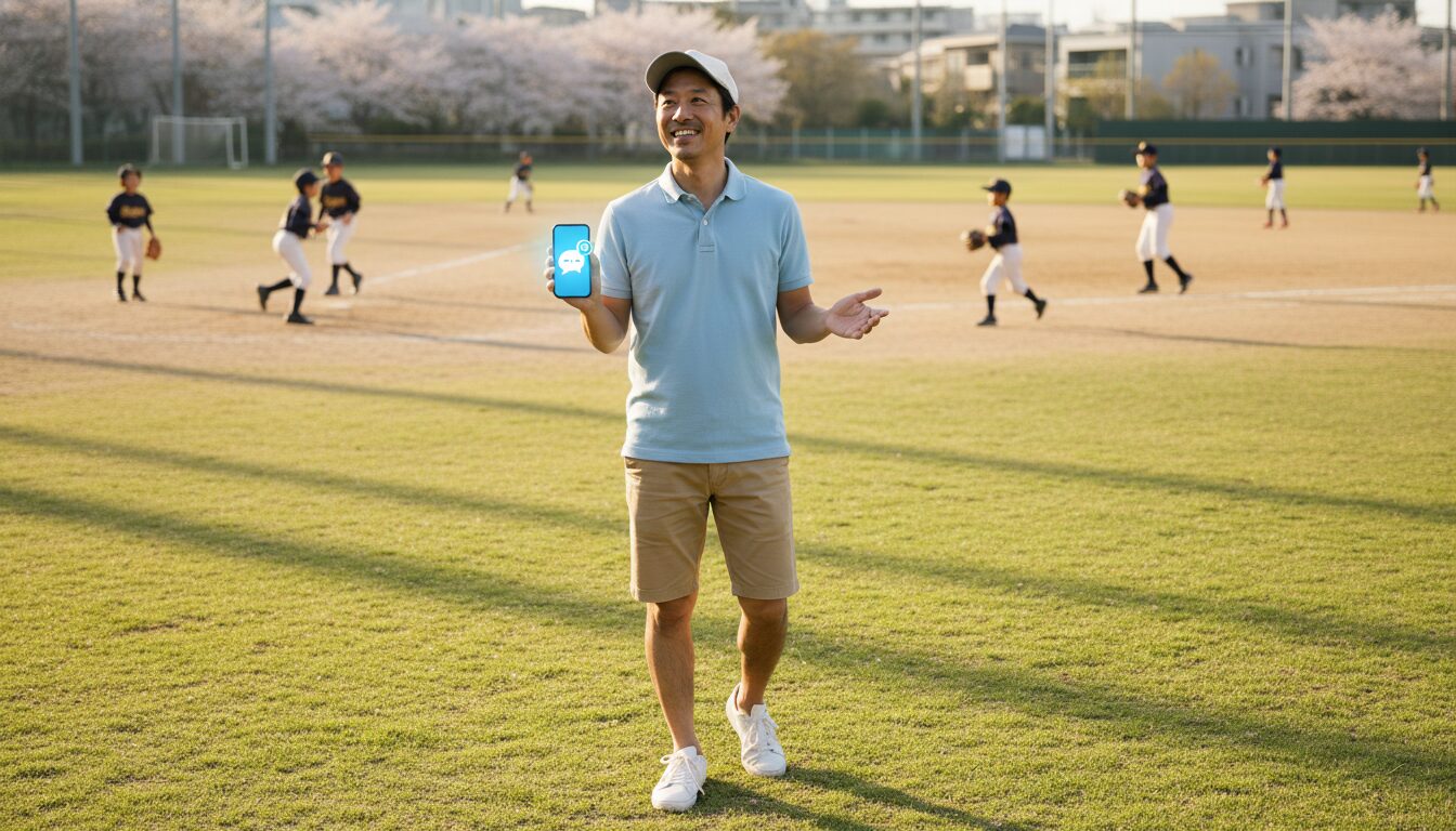 少年野球のグラウンドでスマートフォンを持ち、リラックスした笑顔を浮かべる父親(生成AIによるイメージ)
