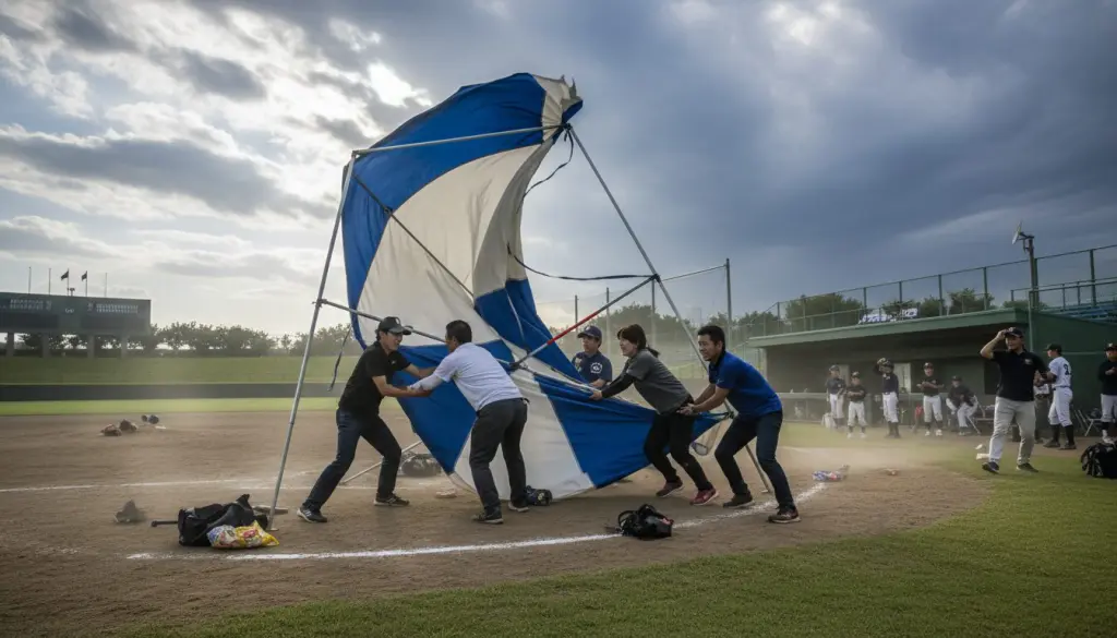 少年野球のグラウンドで強風にあおられるテントを押さえる保護者たち(生成AIによるイメージ)
