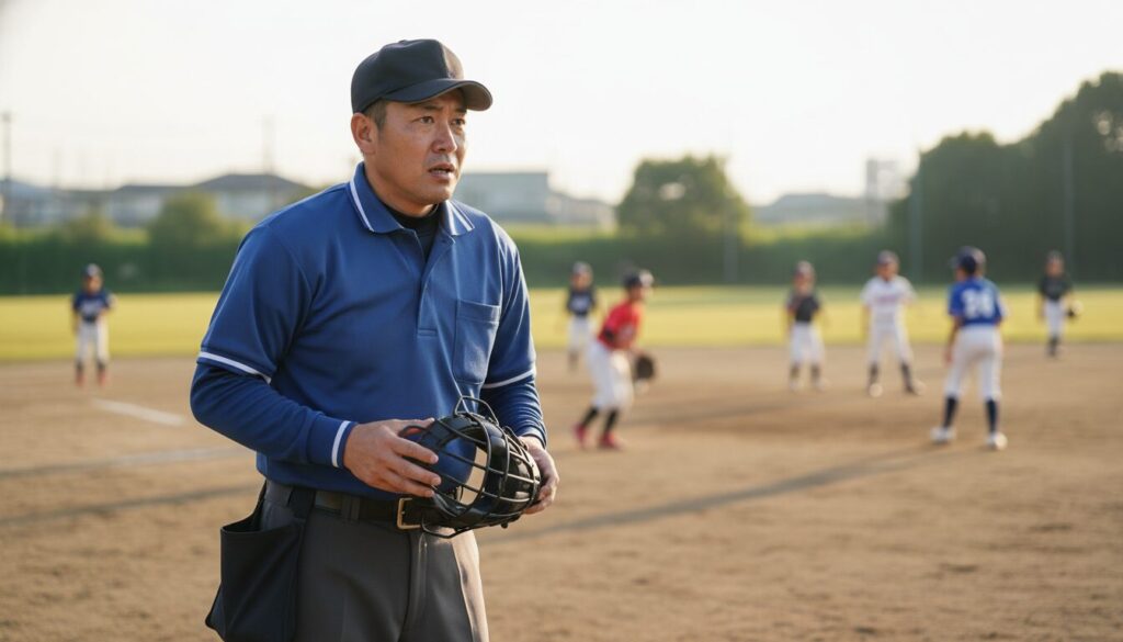 少年野球のグラウンドで少し緊張した面持ちで立つ審判服姿のお父さん(生成AIによるイメージ)