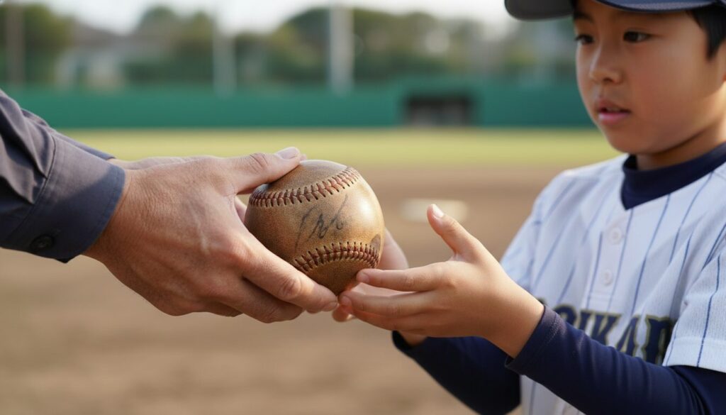 使い込まれた古い野球ボールを、ユニフォーム姿の息子に差し出している父親の手元のアップ(生成AIによるイメージ)