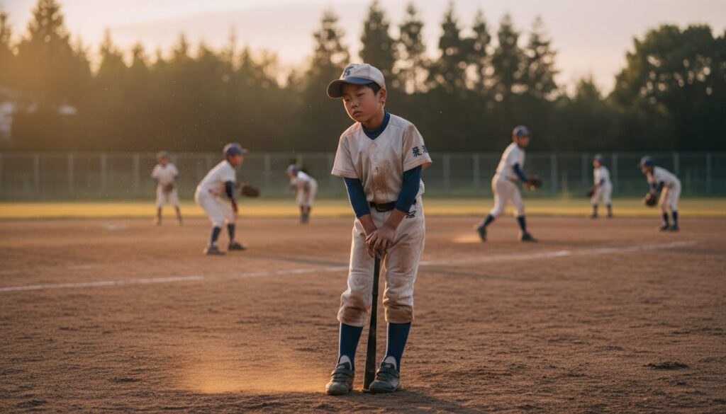 つまらなそうにグラウンドに立つ泥だらけの野球少年(生成AIによるイメージ)