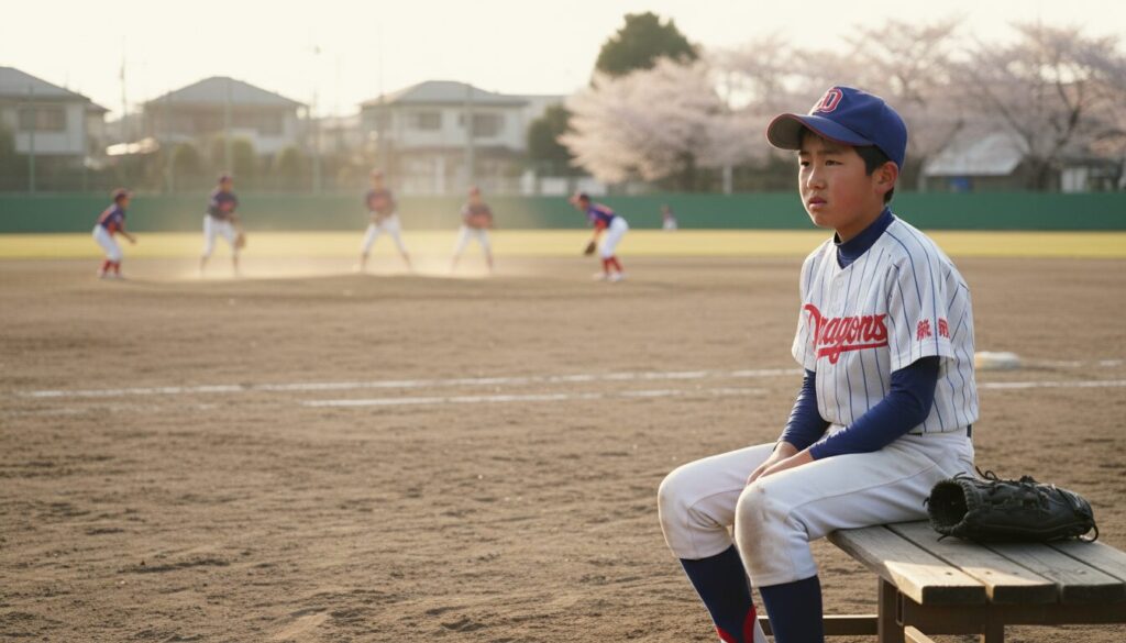 守備練習をするチームメイトをベンチから不安そうに見つめる野球少年(生成AIによるイメージ)