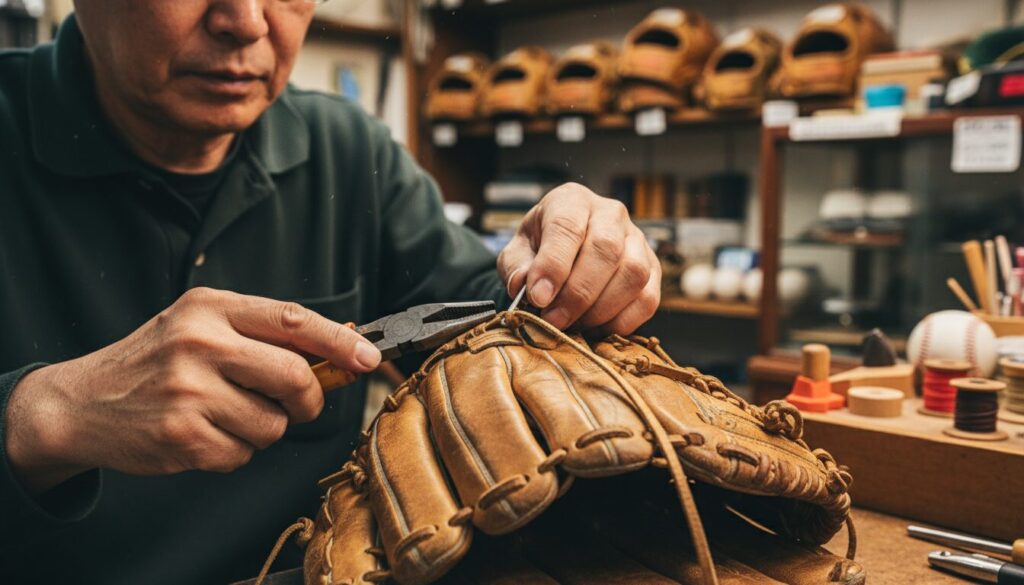 スポーツ用品店で職人がグローブの紐を修理している様子(生成AIによるイメージ)