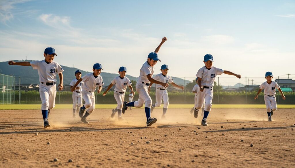 グラウンドで競争しながら楽しそうに小石を拾う少年野球の選手たち(生成AIによるイメージ)