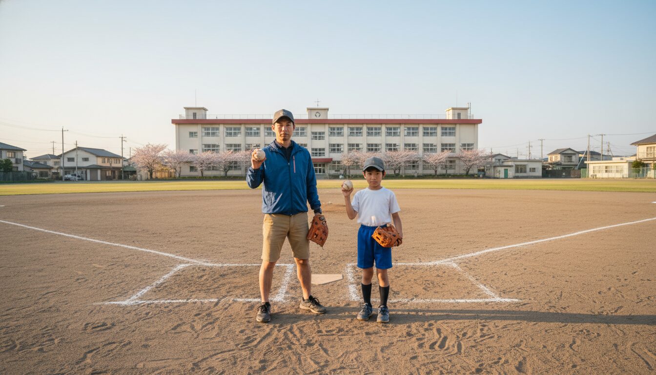 中学校のグラウンドで笑顔でキャッチボールの準備をする親子(生成AIによるイメージ)