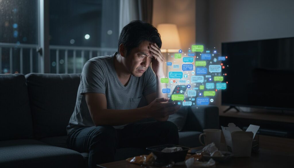 夜のリビングでスマートフォンの大量のメッセージ通知を見て、頭を抱えて疲労する父親(生成AIによるイメージ)