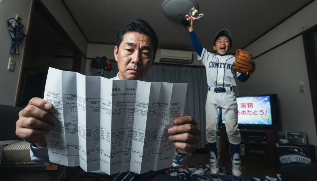 歓喜する野球少年たちと請求書を見て青ざめる父親(生成AIによるイメージ)