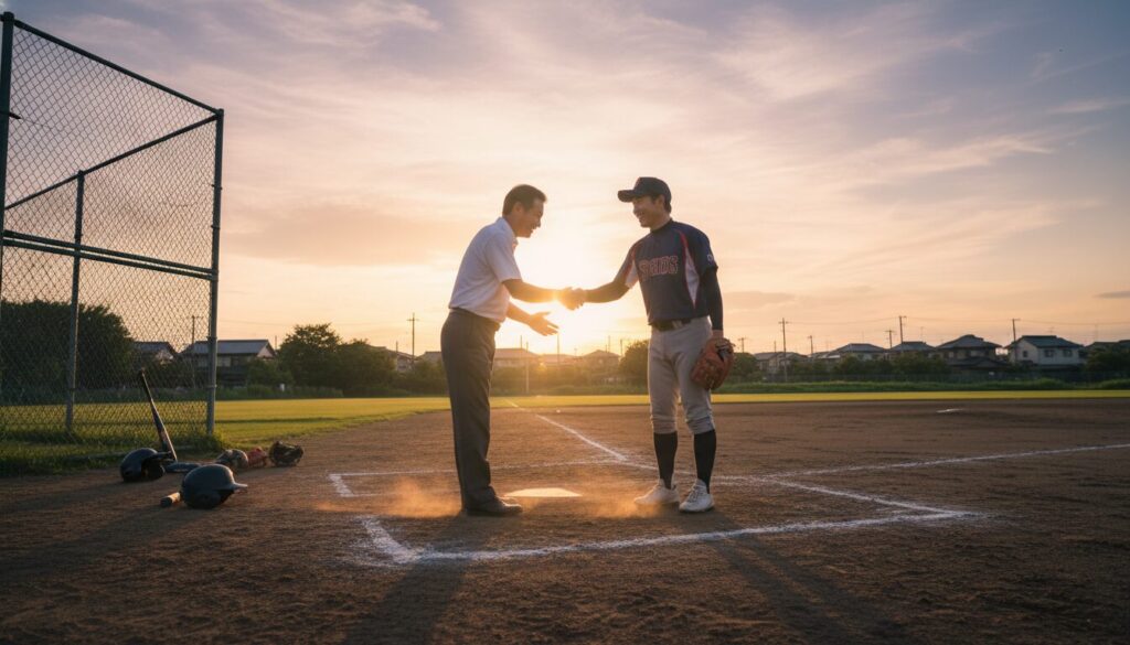 夕暮れのグラウンドで若い指導者と笑顔で握手を交わし、前向きに対話する父親(生成AIによるイメージ)