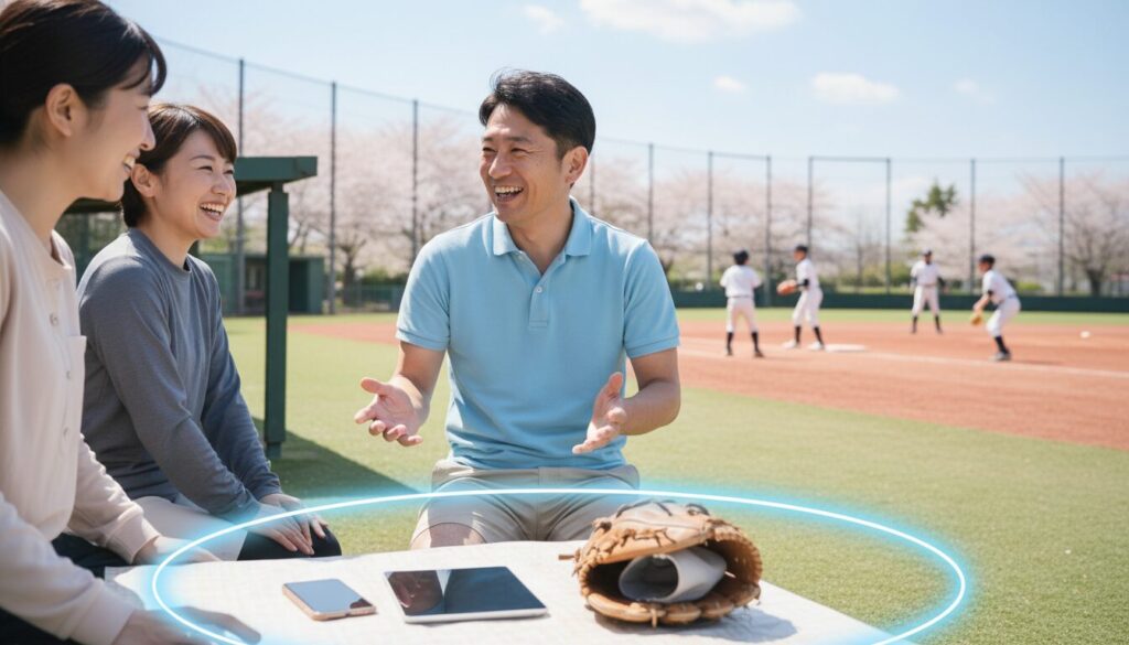 グラウンドで他の保護者たちと直接、笑顔で温かいコミュニケーションをとる父親(生成AIによるイメージ)