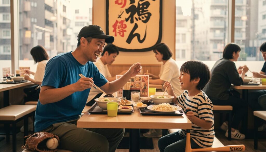 試合後にファミレスで一緒に食事を楽しみ笑顔を取り戻す親子(生成AIによるイメージ)