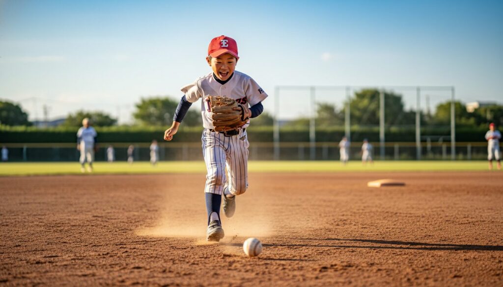 グラウンドで転がるボールを一生懸命に追いかける野球少年の姿(生成AIによるイメージ)