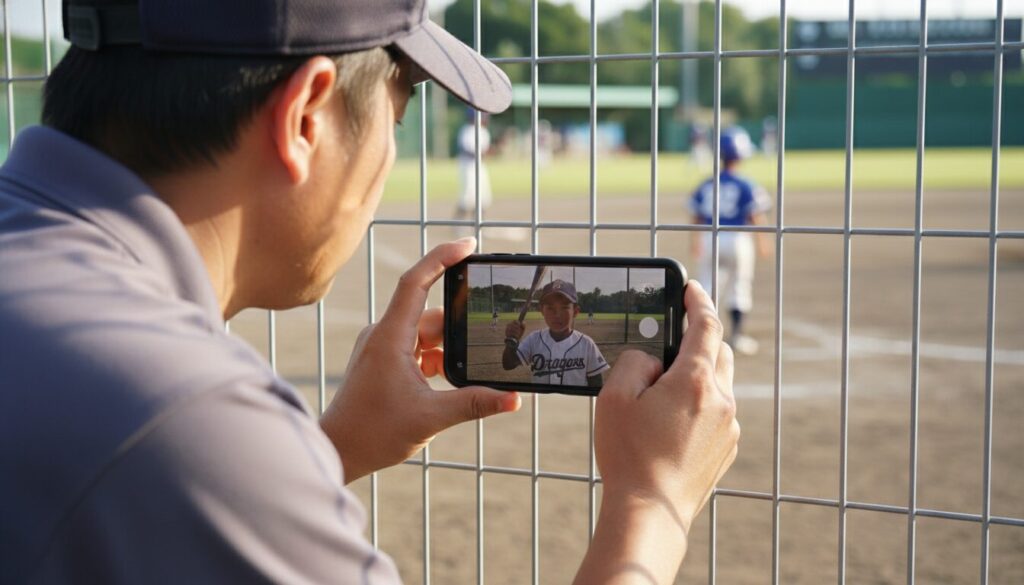 バックネット裏から息子の打席をスマホで熱心に動画撮影する父親(生成AIによるイメージ)