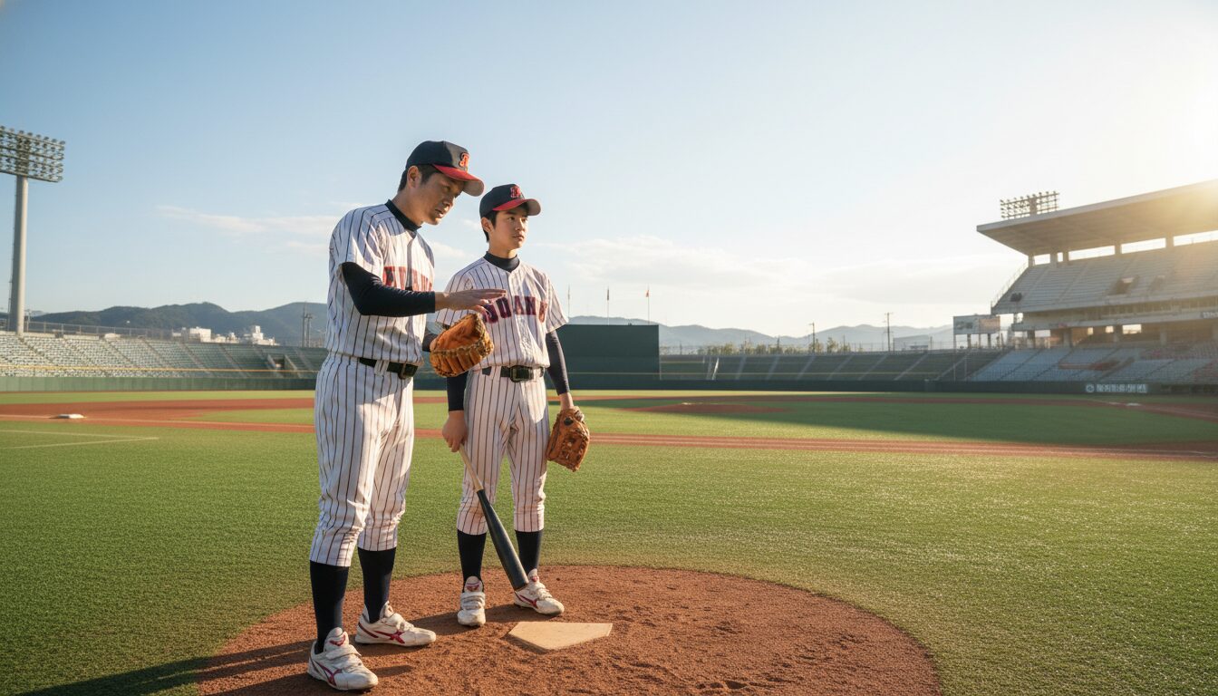 進路についてグラウンドで真剣に話し合う野球少年の息子と父親(生成AIによるイメージ)