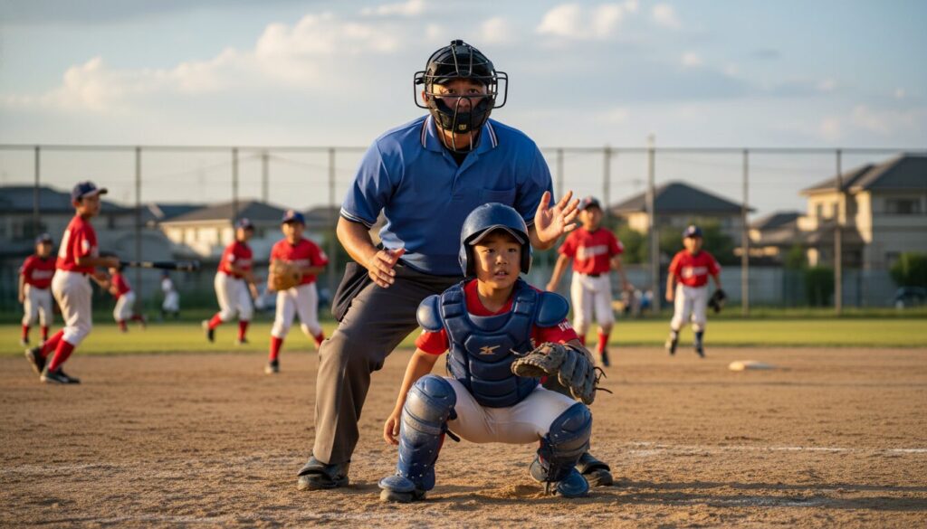 少年野球の試合で初めて審判に挑戦するお父さんの姿(生成AIによるイメージ)