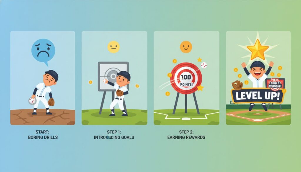 野球の練習がレベルアップして楽しくなる過程を示す図解(生成AIによるイメージ)