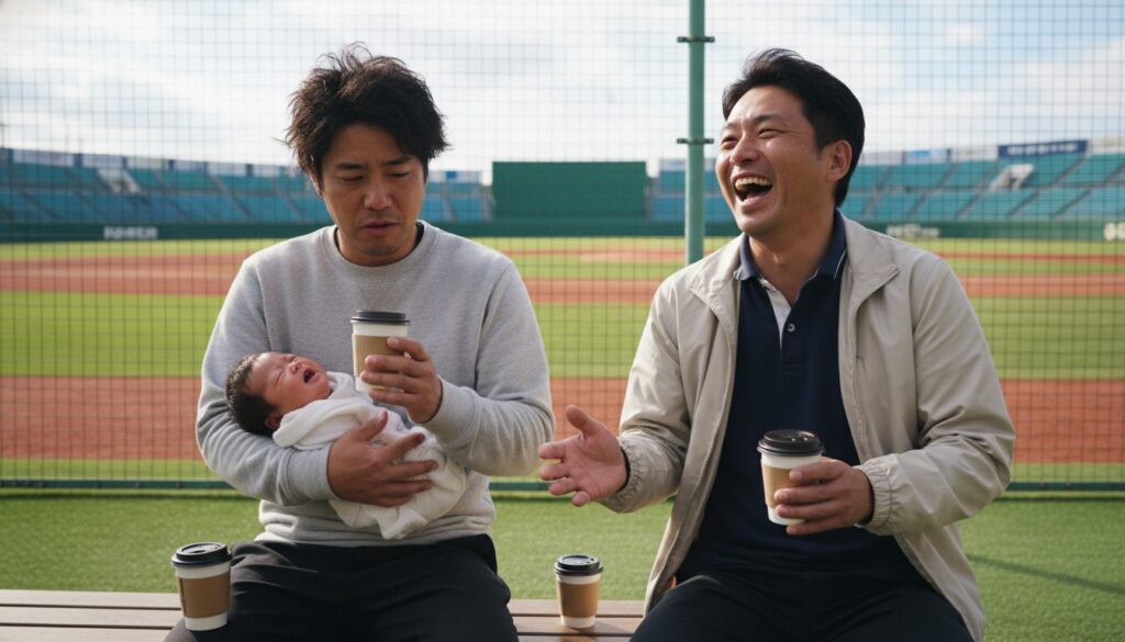 ベンチで夜泣きの苦労など育児の悩みを笑い合いながら語る先輩パパと新米パパ(生成AIによるイメージ)