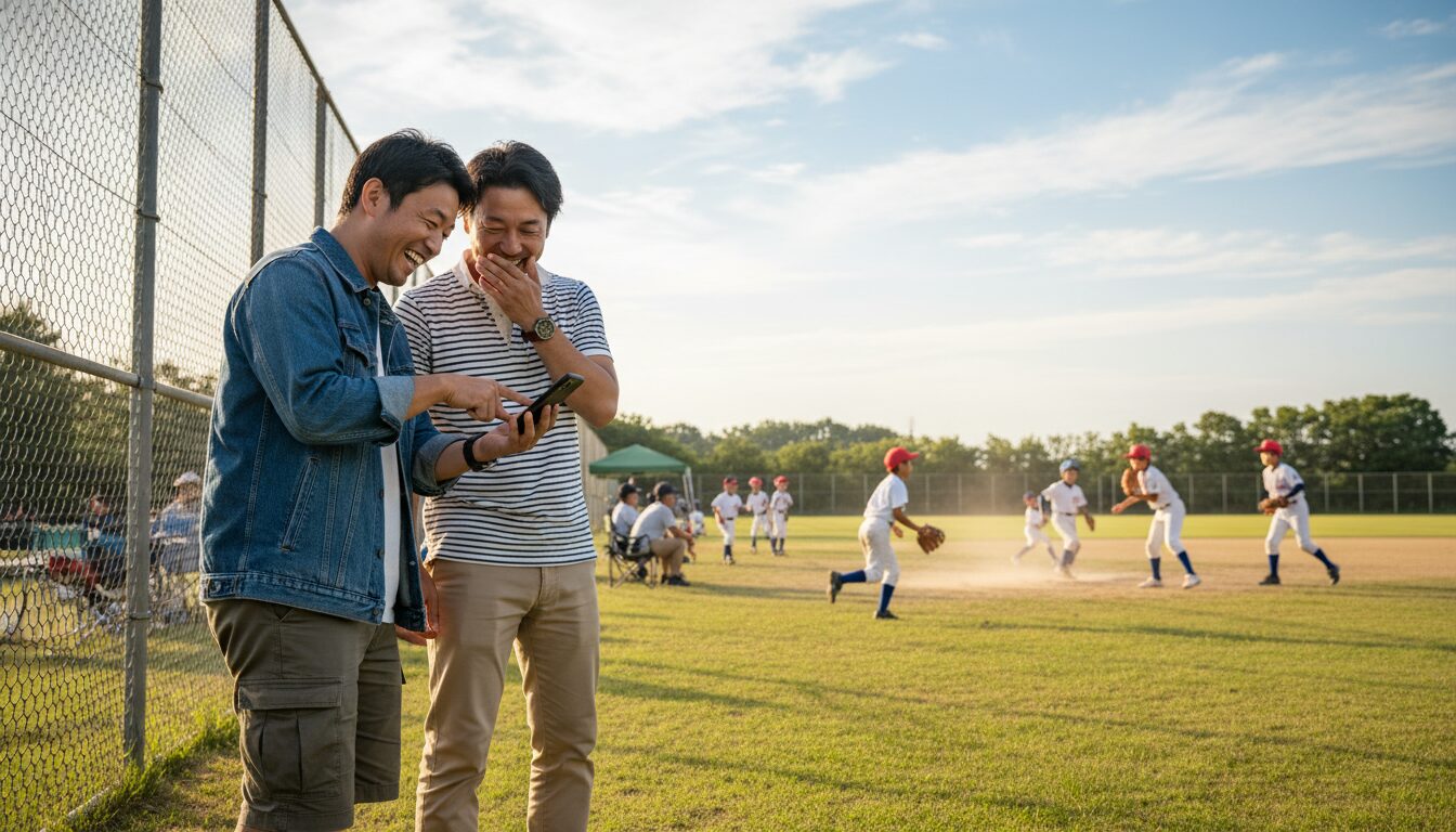グラウンド脇で楽しそうにスマホを見ながら雑談する少年野球のパパたち(生成AIによるイメージ)