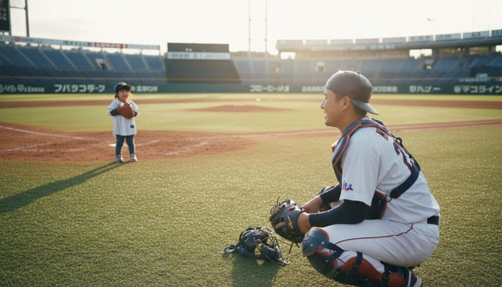 マウンドに立つ幼い娘を優しい笑顔で見つめるキャッチャーのパパ(生成AIによるイメージ)