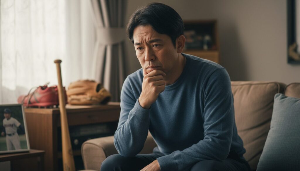 古い野球道具を前に、複雑な表情で物思いにふける父親(生成AIによるイメージ)