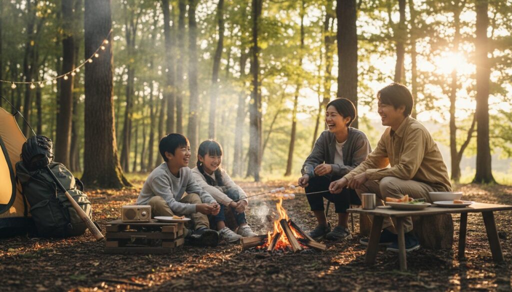 週末に家族キャンプでリフレッシュする親子の笑顔(生成AIによるイメージ)