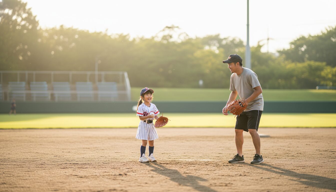 青空の下で自信に満ちた表情で立つ日本の野球少女と、世界へ広がる女子野球のイメージ(生成AIによるイメージ)