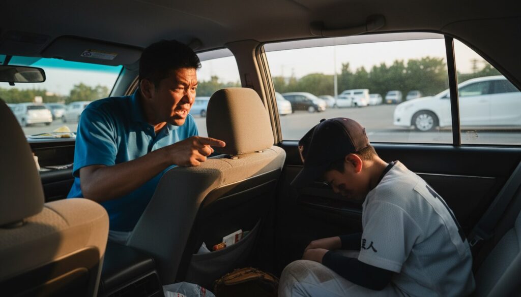 車内で試合のプレッシャーや怒りを子供にぶつけてしまうNGな親の姿勢(生成AIによるイメージ)