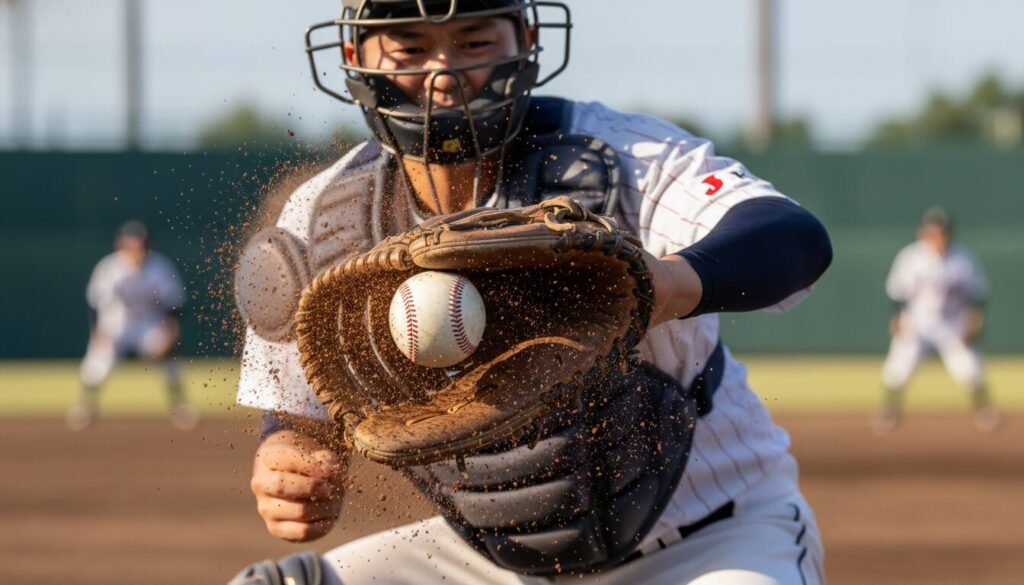 硬式球のスピードと衝撃の強さを物語るキャッチャーミットへの投球(生成AIによるイメージ)