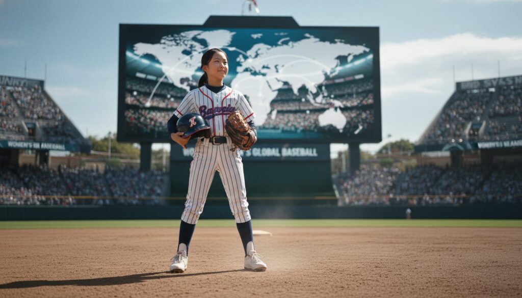 青空の下で自信に満ちた表情で立つ日本の野球少女と、世界へ広がる女子野球のイメージ(生成AIによるイメージ)